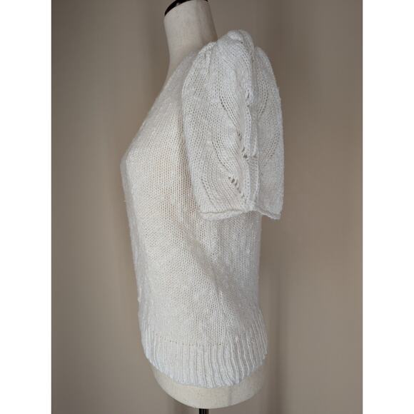 Vintage 80s Alicia Puff Sleeve Sweater Women Small Ivory Pastel Open Knit - Picture 2 of 7